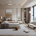 Modern Bedroom Interior With Comfortable Bed Hanging Painting Wardrobes Nightstands Pendant Light And Armchair