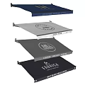 Custom Commercial Awnings Featuring Brand Logos and Text Designs in Various Colors