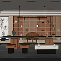 Modern Chinese Tea Room Interior With Wooden Shelves Hanging Lights Tea Table And Decorative Items