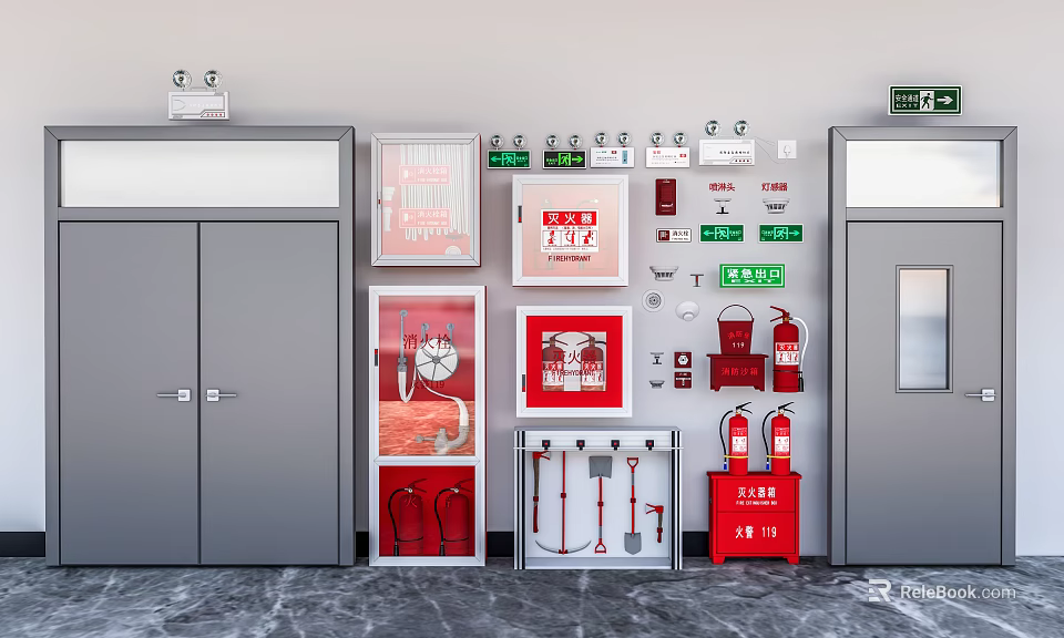 Wall Mounted Fire Equipment Featuring Extinguishers Hoses Tools And Signs Near Emergency Exit Door 3d model 