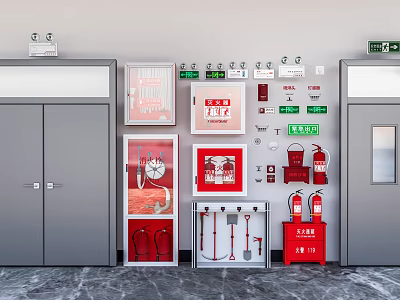 Wall Mounted Fire Equipment Featuring Extinguishers Hoses Tools And Signs Near Emergency Exit Door 3d model