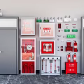 Wall Mounted Fire Equipment Featuring Extinguishers Hoses Tools And Signs Near Emergency Exit Door