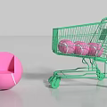 Interactive Zone Displaying Green Shopping Cart With Pink Balls And Hemisphere On White Background