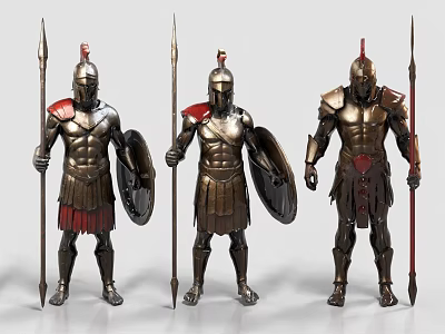 Three men in Roman soldier armor holding spears and shields with gold red details standing 3d model