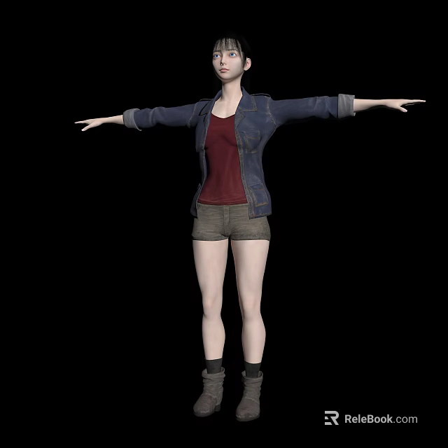 A Woman in Denim Jacket Red T-shirt Shorts with Arms Outstretched Standing Against Black Background 3d model 