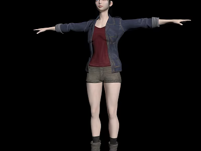 A Woman in Denim Jacket Red T-shirt Shorts with Arms Outstretched Standing Against Black Background 3d model