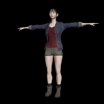 A Woman in Denim Jacket Red T-shirt Shorts with Arms Outstretched Standing Against Black Background 3d model
