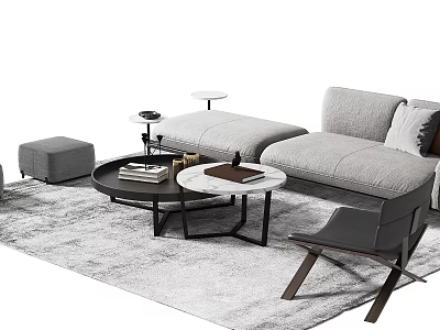 Modern Light Gray Sofa and Coffee Table Set with Ottoman Accent Chair and Decorative Books on Rug 3d model
