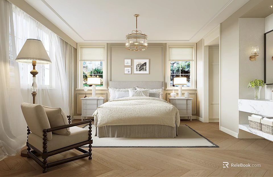 Elegant Bedroom Interior Design With Bed Bedside Tables Table Lamps Chandelier And Armchair 3d model 