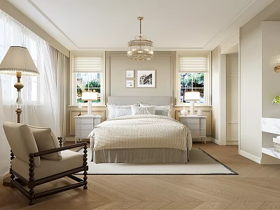 Elegant Bedroom Interior Design With Bed Bedside Tables Table Lamps Chandelier And Armchair 3d model