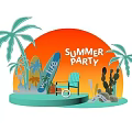 Summer Beach Party Setup With Palm Trees Surfboards Blue Chair And Cactus