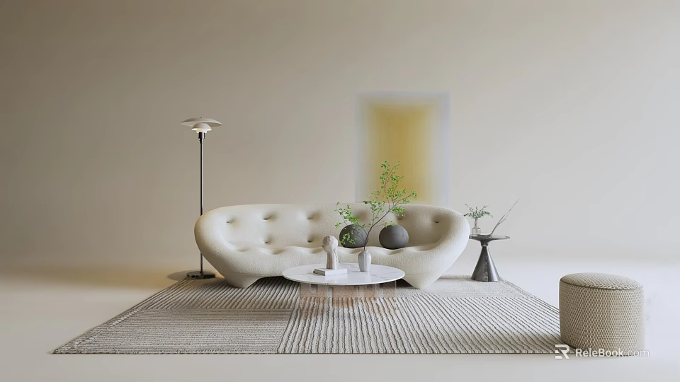 Modern Beige Sofa Coffee Table Set With Round Table Rug Floor Lamp And Green Plants 3d model 