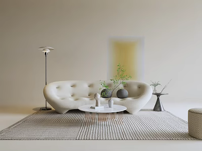 Modern Beige Sofa Coffee Table Set With Round Table Rug Floor Lamp And Green Plants 3d model