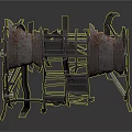 Rusted Metal Agricultural Equipment Structure With Worn Frames And Wooden Planks