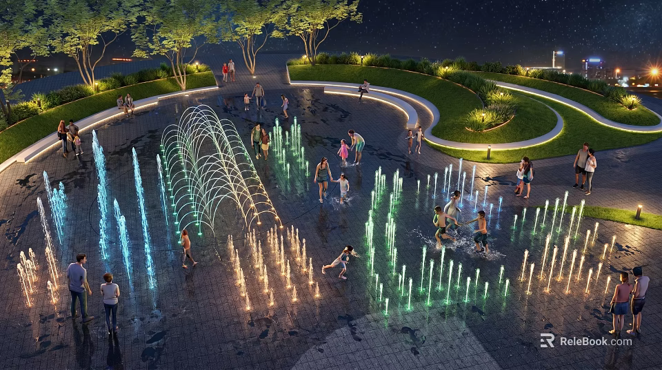 Nighttime Water Fountain With Colorful Lighting And People Playing In Park 3d model 
