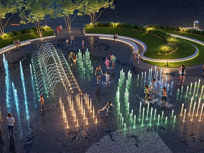 Nighttime Water Fountain With Colorful Lighting And People Playing In Park 3d model