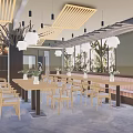 Restaurant Interior With Wooden Ceiling White Pendant Lights Large Windows Palm Tree View And Light Chairs