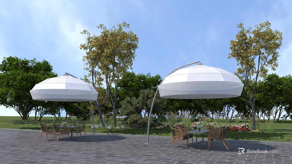 White Arched Canopies in Outdoor Garden with Wooden Tables and Chairs Surrounded by Trees 3d model 