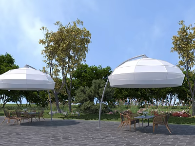 White Arched Canopies in Outdoor Garden with Wooden Tables and Chairs Surrounded by Trees 3d model