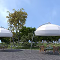 White Arched Canopies in Outdoor Garden with Wooden Tables and Chairs Surrounded by Trees