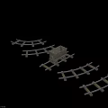 Wooden Rail Tracks With Curved Sections And Mine Cart On Gray Background