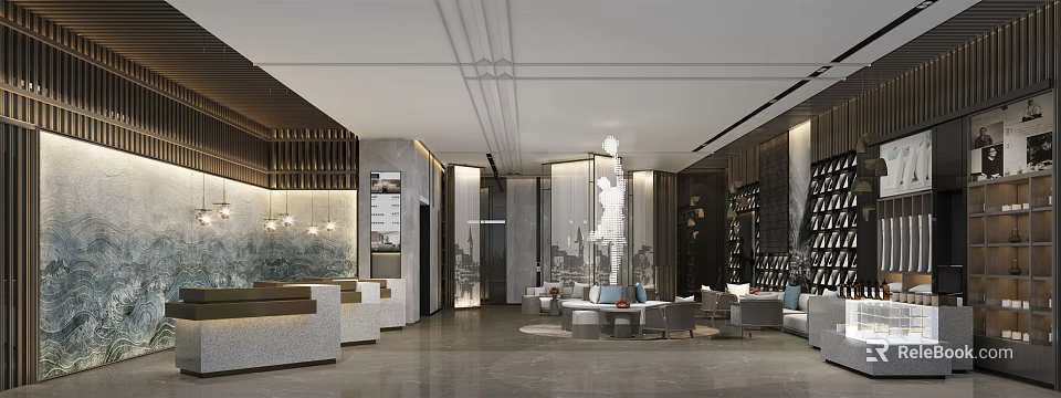 Modern Luxury Hotel Lobby Interior With Sofas Chandeliers And Reception Desk 3d model 