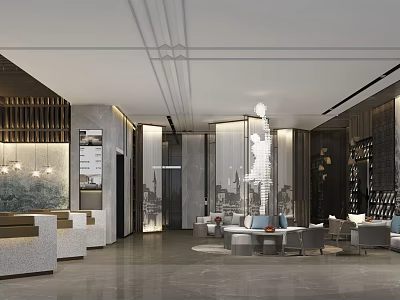 Modern Luxury Hotel Lobby Interior With Sofas Chandeliers And Reception Desk 3d model