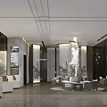 Modern Luxury Hotel Lobby Interior With Sofas Chandeliers And Reception Desk 3d model