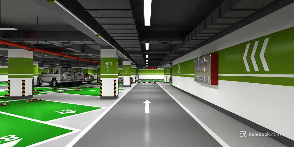 Modern Indoor Parking Garage With Green Zones Directional Arrows And Parked Cars 3d model 