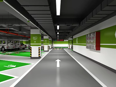 Modern Indoor Parking Garage With Green Zones Directional Arrows And Parked Cars 3d model