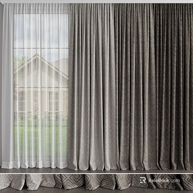 White Sheer and Gray Thick Layered Curtains for Window with Outdoor House Lawn View 3d model 