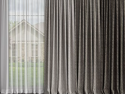 White Sheer and Gray Thick Layered Curtains for Window with Outdoor House Lawn View 3d model