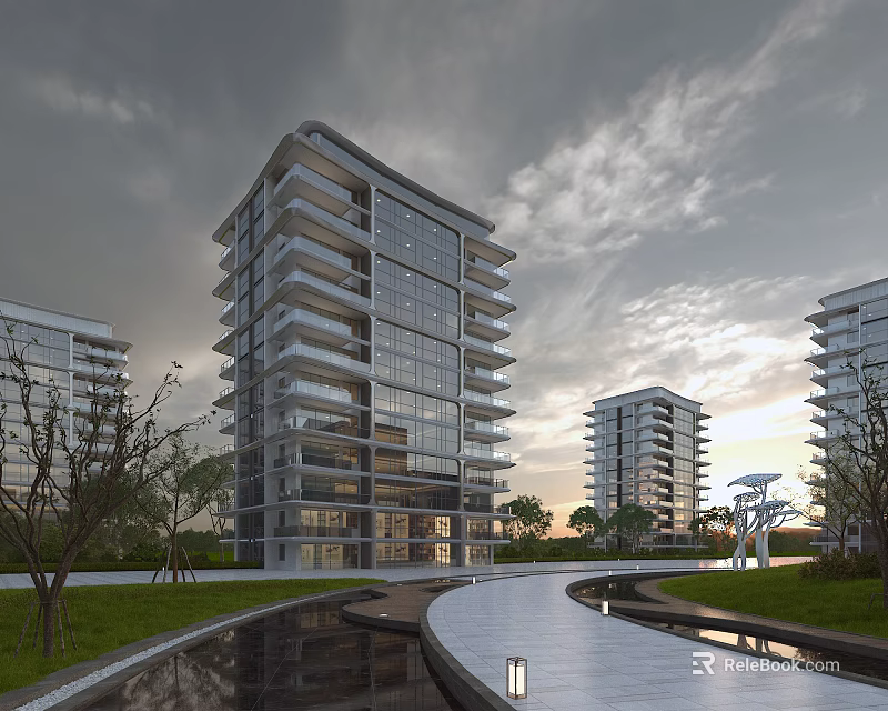 Modern High Rise Residential Building With Glass Curtain Walls Greenery And Winding Path 3d model 