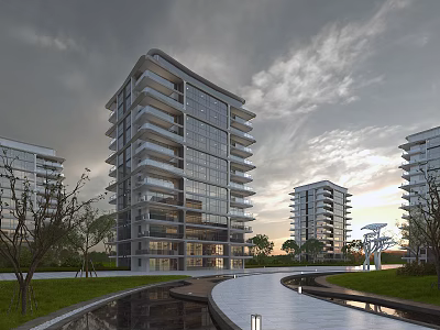 Modern High Rise Residential Building With Glass Curtain Walls Greenery And Winding Path 3d model
