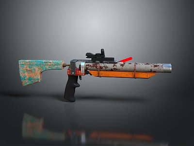 Weathered Tactical Rifle With Teal Wooden Grip Orange Barrel And Black Tactical Scope 3d model