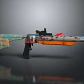 Weathered Tactical Rifle With Teal Wooden Grip Orange Barrel And Black Tactical Scope