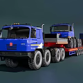 Two Blue Commercial Trucks Loaded On Flatbed Trailer Transport Scene