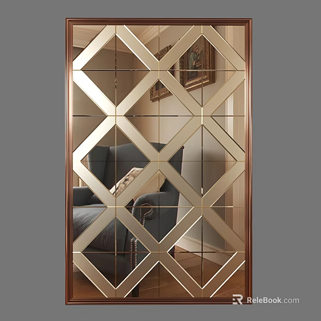 Elegant Decorative Mirror With Geometric Diamond Pattern Gold Frame Reflecting Living Room Sofa 3d model 