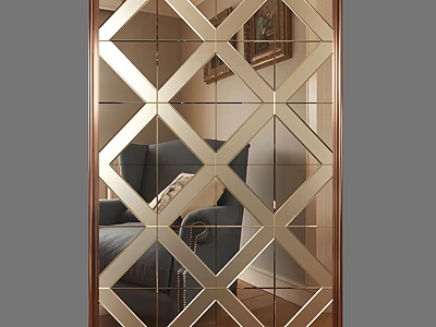 Elegant Decorative Mirror With Geometric Diamond Pattern Gold Frame Reflecting Living Room Sofa 3d model