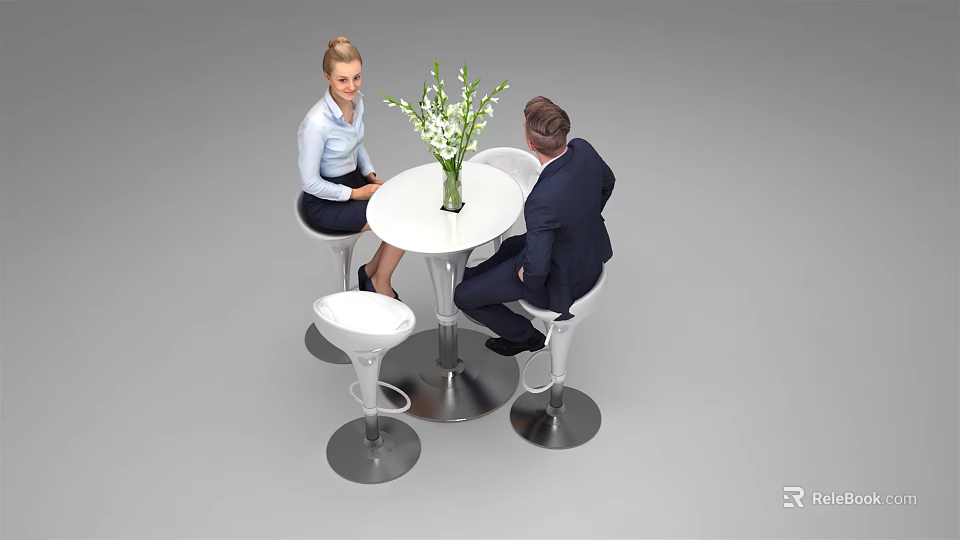 White Round Table and Bar Stools Set with Green Plant Vase and Two People Chatting 3d model