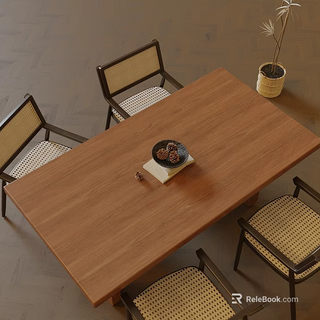 Wooden Dining Table Set with Woven Chairs Tabletop Ornament and Potted Plant 3d model 