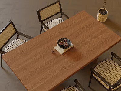 Wooden Dining Table Set with Woven Chairs Tabletop Ornament and Potted Plant 3d model