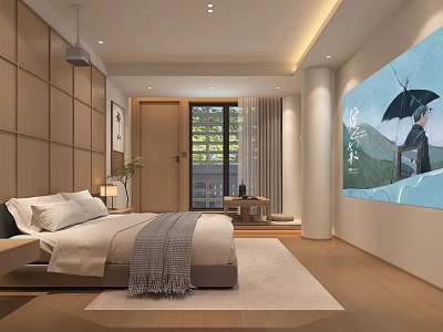 Modern Hotel Guest Room With Wooden Walls White Bedding Gray Throw Large Window Mountain Painting 3d model