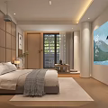 Modern Hotel Guest Room With Wooden Walls White Bedding Gray Throw Large Window Mountain Painting