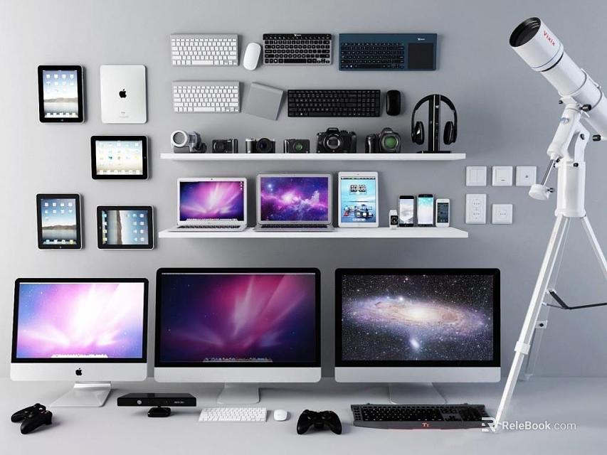 Modern Computer Setup With Multiple Monitors Laptops Gaming Accessories And Tech Devices On Shelves 3d model 