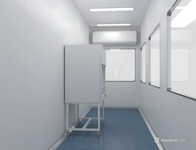 Clean Corridor Interior With White Walls Blue Floor Mobile Cabinet And Windows 3d model 