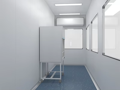 Clean Corridor Interior With White Walls Blue Floor Mobile Cabinet And Windows 3d model