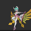 3D Woman Character With Green Pink Hair Rabbit Ears Yellow Wings In Dynamic Pose