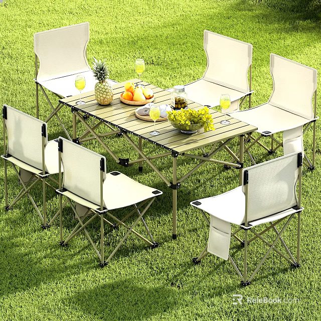Outdoor Foldable Dining Set With White Chairs Fruits And Glass Cups On Grass 3d model 