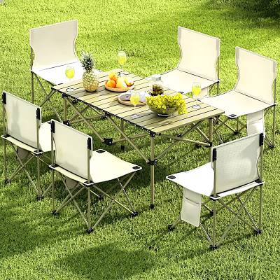 Outdoor Foldable Dining Set With White Chairs Fruits And Glass Cups On Grass 3d model